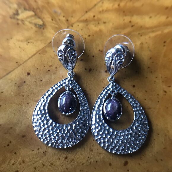 Natural Star Ruby Sterling Silver Dangle Earrings - Picture 3 of 8